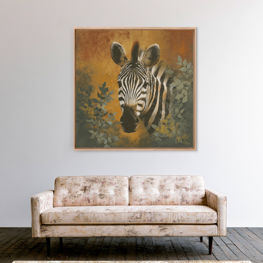 Zebra Portrait with Bold Graphic Stripe Pattern Framed Canvas Print, Animal Art, Gallery Decor, Living Room Decor, Creature, ANI-1x1-41