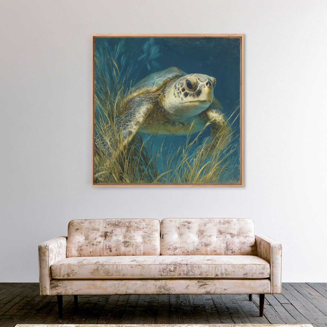 Sea Turtle Drifting Through Luminous Blue Water Canvas Print, Animal Art, Boho Wall Art, Living Room Decor, Creature, ANI-1x1-42