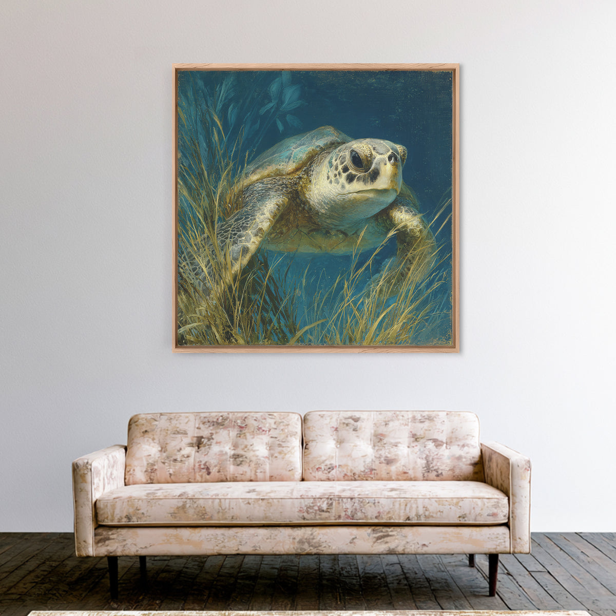 Sea Turtle Drifting Through Luminous Blue Water Canvas Print, Animal Art, Boho Wall Art, Living Room Decor, Creature, ANI-1x1-42