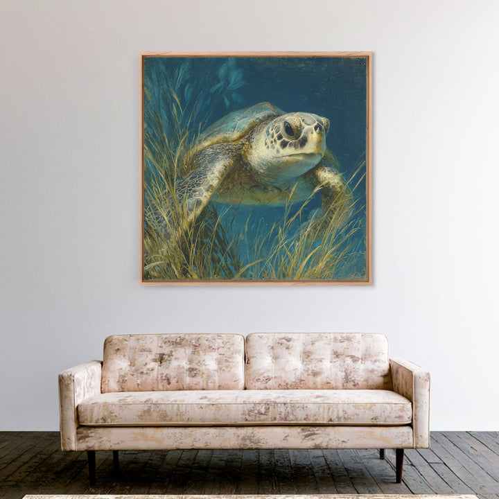 Sea Turtle Drifting Through Luminous Blue Water Canvas Print, Animal Art, Boho Wall Art, Living Room Decor, Creature, ANI-1x1-42