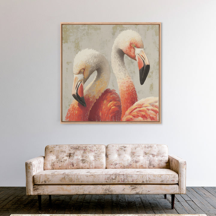 Flamingo Pair in Elegant Coral and Cream Framed Canvas Print, Animal Art, Farmhouse Decor, Living Room Decor, Oil Painting, ANI-1x1-43