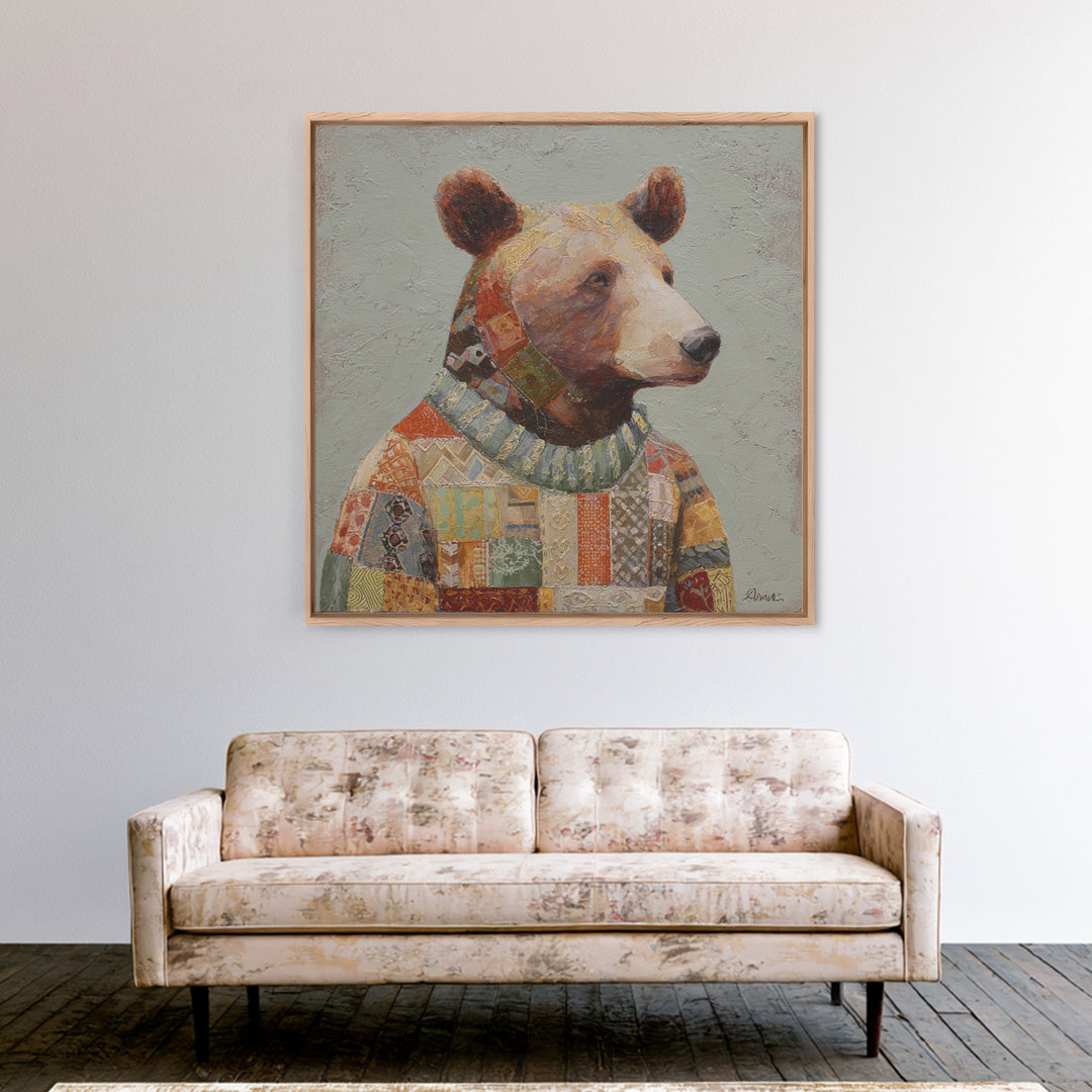 Whimsical Bear in a Patterned Sweater with Canvas Print, Animal Art, Modern Wall Art, Living Room Decor, Fine Art, Creature, ANI-1x1-50