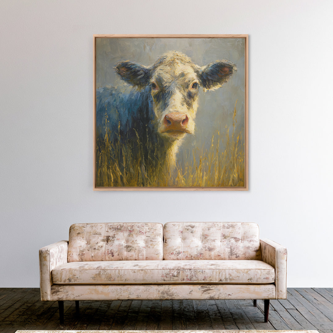 Gentle Cow Portrait Canvas Print, Animal Art, Trendy Wall Art, Living Room Decor, Fine Art, Creature, Textured Painting, ANI-1x1-55