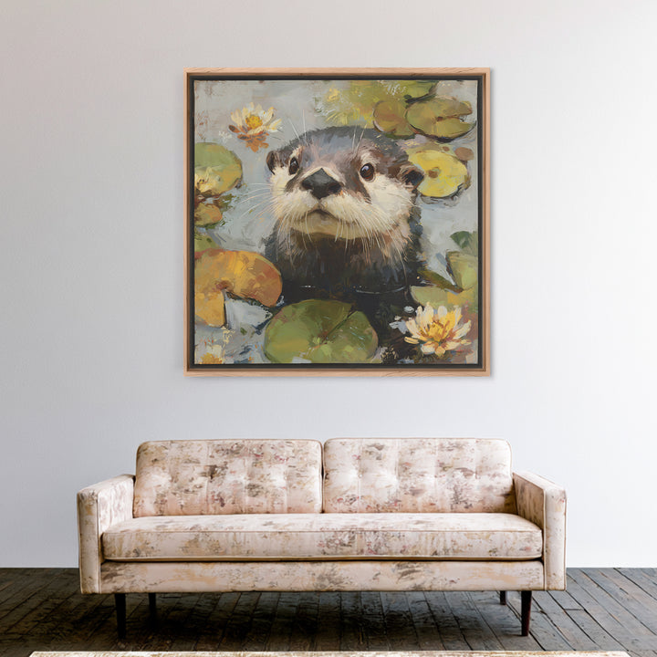 Playful Otter Floating Among Lily Pads Framed Canvas Print, Animal Art, Original Painting, Living Room Decor, Creature, ANI-1x1-56