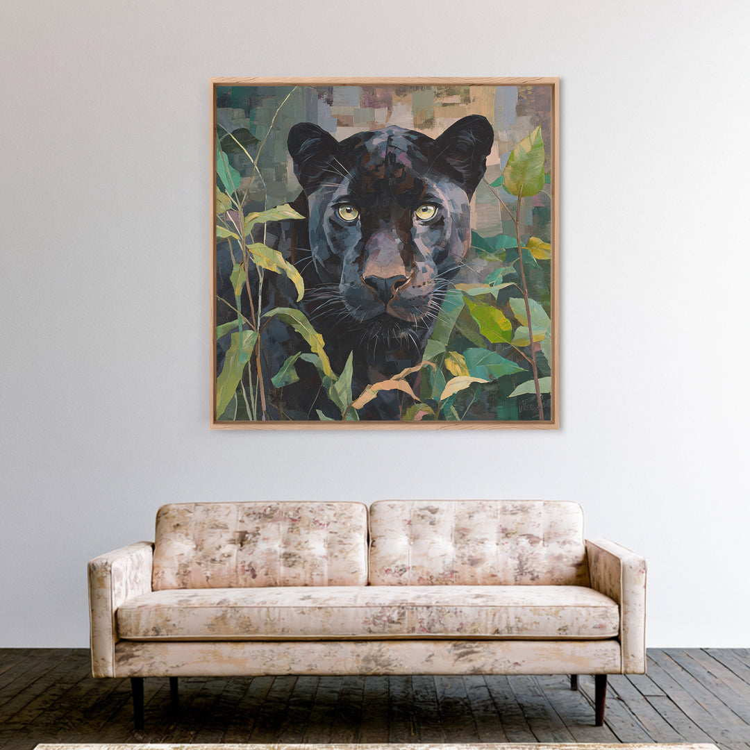Dramatic Black Panther Emerging from Deep Jungle Canvas Print, Animal Art, Farmhouse Decor, Living Room Decor, Creature, ANI-1x1-6