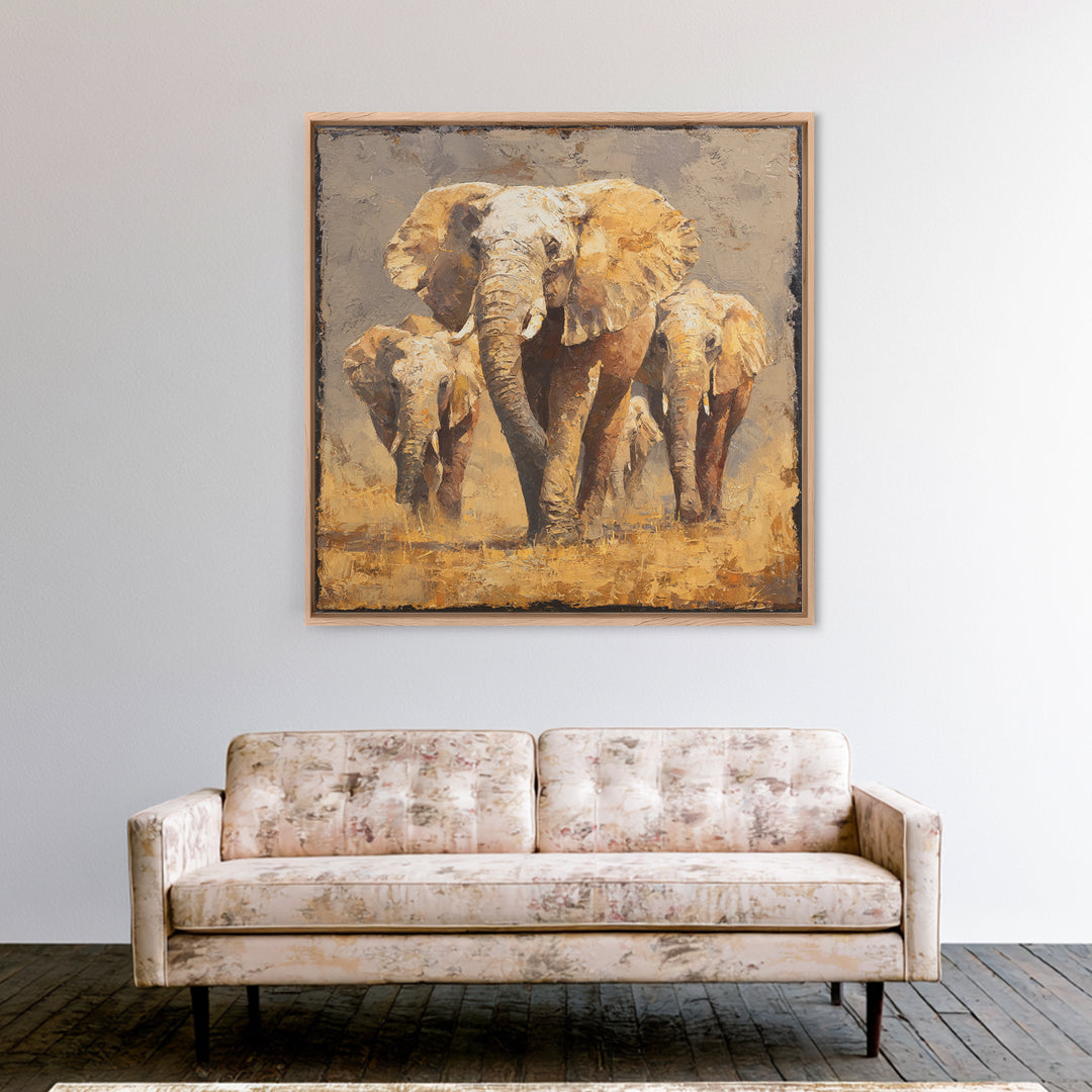 Elephant Family Walking Through Dusty Golden Light Canvas Print, Animal Art, Safari Nursery Decor, Living Room Decor, Creature, ANI-1x1-62