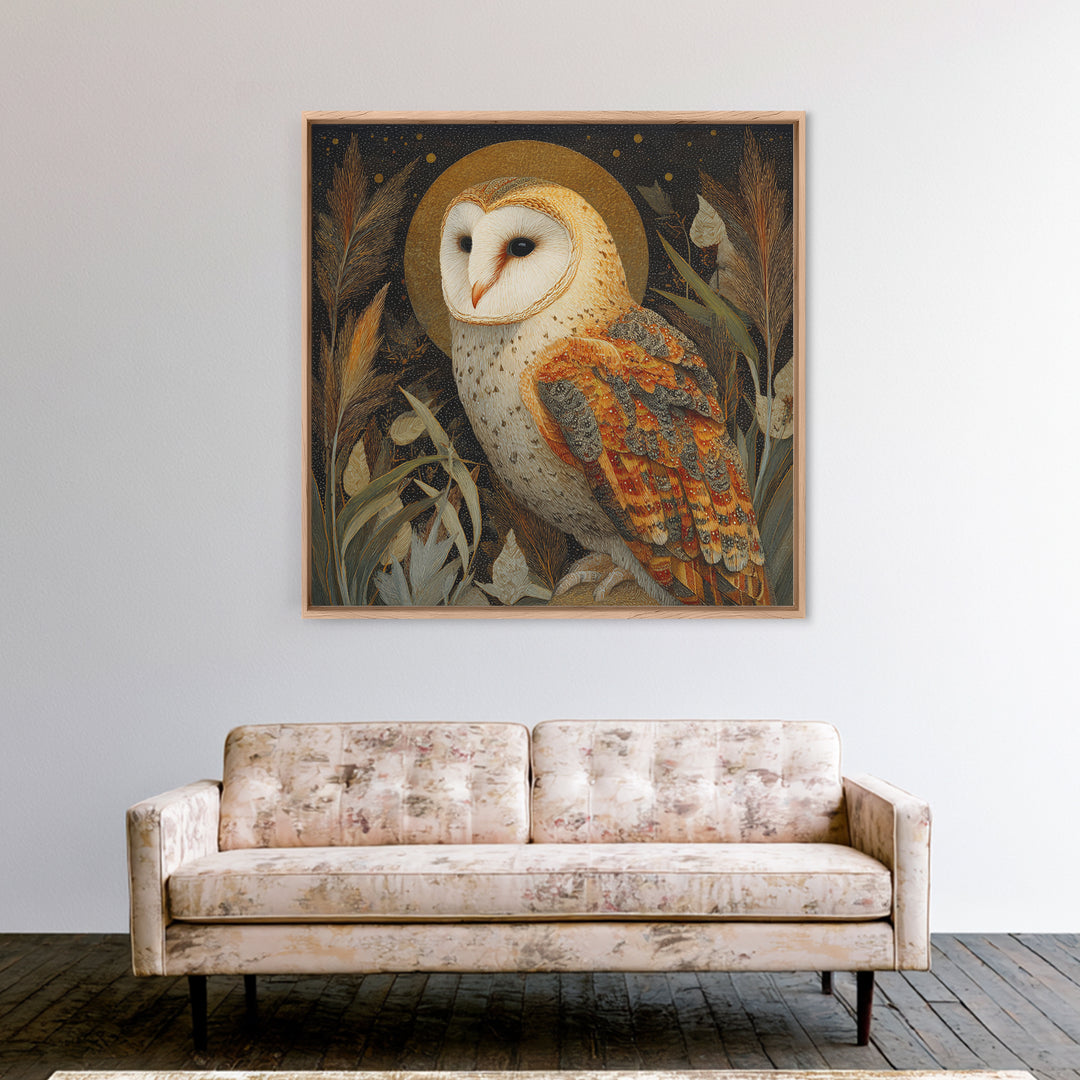Owl with Moonlit Feathers and Celestial Accents Framed Canvas Print, Animal Art, Downloadable Art, Living Room Decor, Creature, ANI-1x1-63