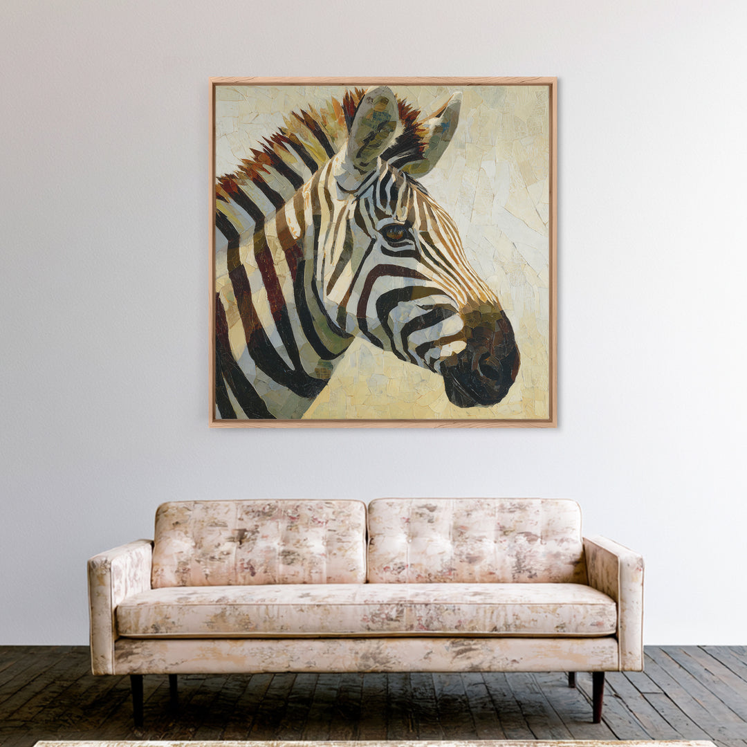 Zebra Portrait with Bold Graphic Stripe Pattern Framed Canvas Print, Animal Art, Gallery Decor, Living Room Decor, Creature, ANI-1x1-65