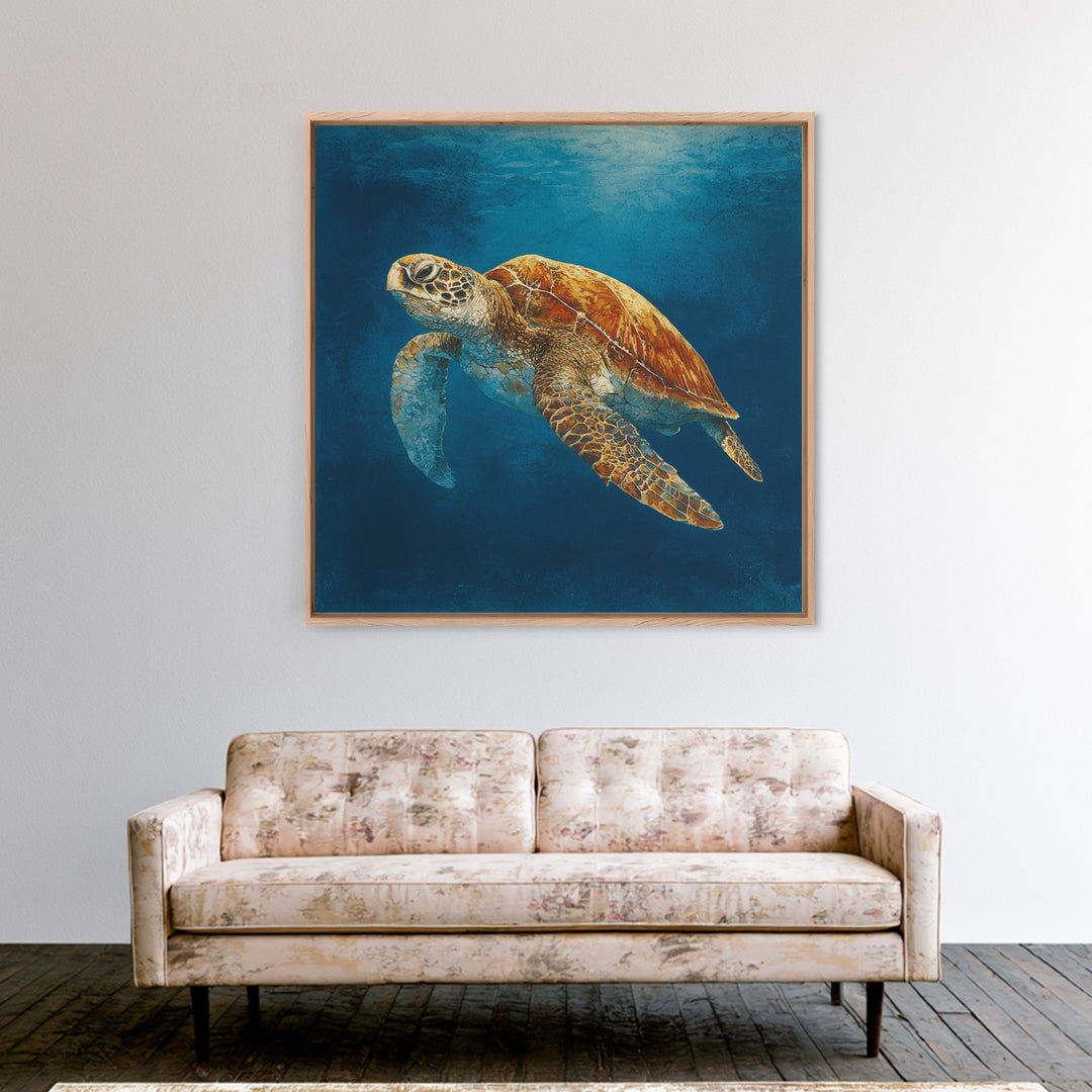 Sea Turtle Drifting Through Luminous Blue Water Canvas Print, Animal Art, Boho Wall Art, Living Room Decor, Creature, ANI-1x1-66