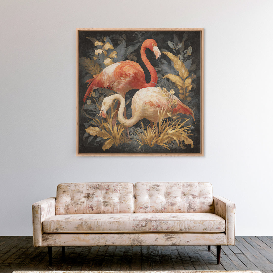 Flamingo Pair in Elegant Coral and Cream Framed Canvas Print, Animal Art, Gallery Decor, Living Room Decor, Fine Art, Creature, ANI-1x1-67
