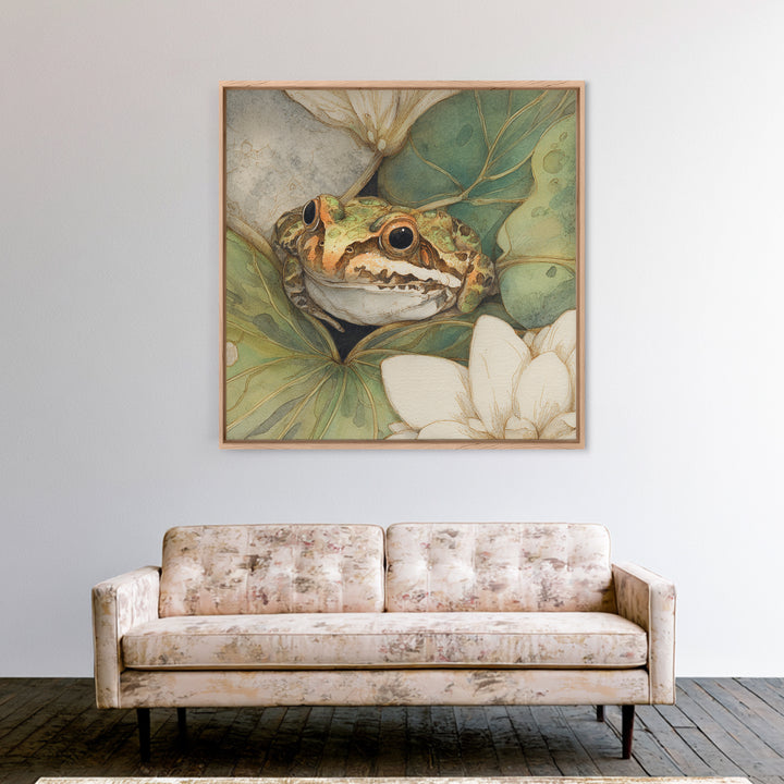 Frog on a Lotus Leaf Framed Canvas Print, Animal Art, Boho Wall Art, Living Room Decor, Oil Painting, Creature, ANI-1x1-68