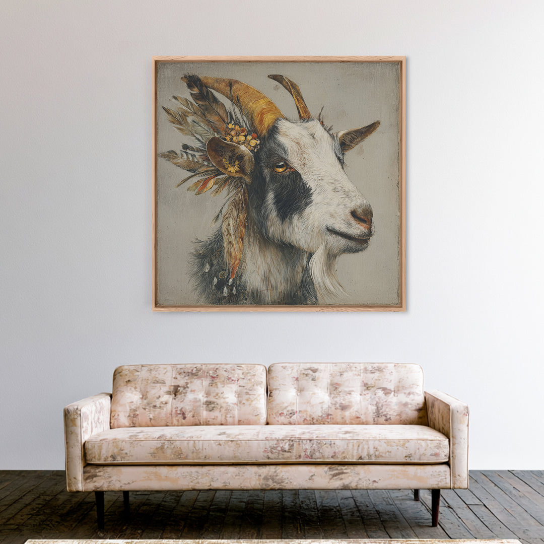 Goat Portrait with Rustic Folk Art Personality Canvas Print, Animal Art, Neutral Decor, Living Room Decor, Fine Art, Creature, ANI-1x1-69