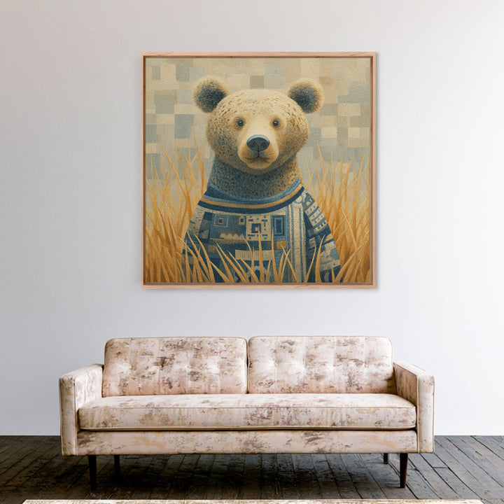 Whimsical Bear in a Patterned Sweater with Framed Canvas Print, Animal Art, Downloadable Art, Living Room Decor, Creature, ANI-1x1-74