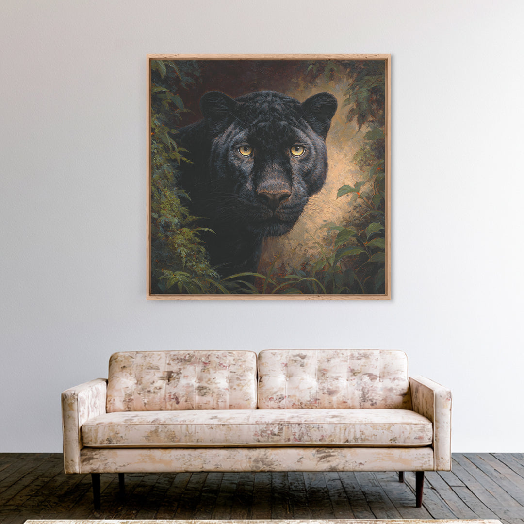 Dramatic Black Panther Emerging from Deep Jungle Framed Canvas Print, Animal Art, Gallery Decor, Living Room Decor, Creature, ANI-1x1-78
