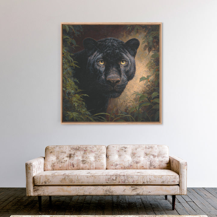 Dramatic Black Panther Emerging from Deep Jungle Framed Canvas Print, Animal Art, Gallery Decor, Living Room Decor, Creature, ANI-1x1-78