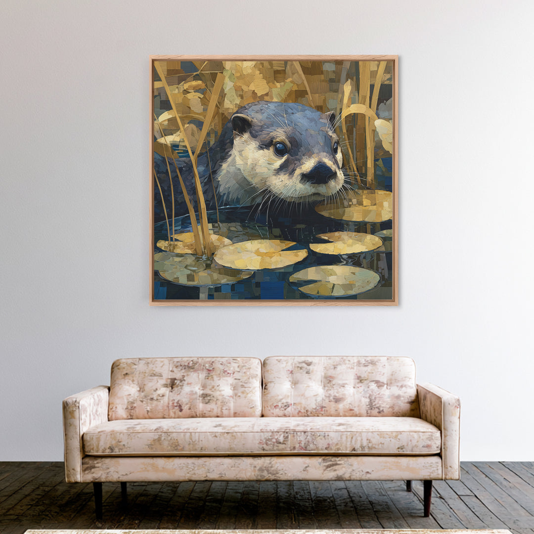 Playful Otter Floating Among Lily Pads Framed Canvas Print, Animal Art, Printable, Living Room Decor, Fine Art, Creature, ANI-1x1-8