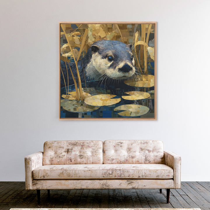Playful Otter Floating Among Lily Pads Framed Canvas Print, Animal Art, Printable, Living Room Decor, Fine Art, Creature, ANI-1x1-8