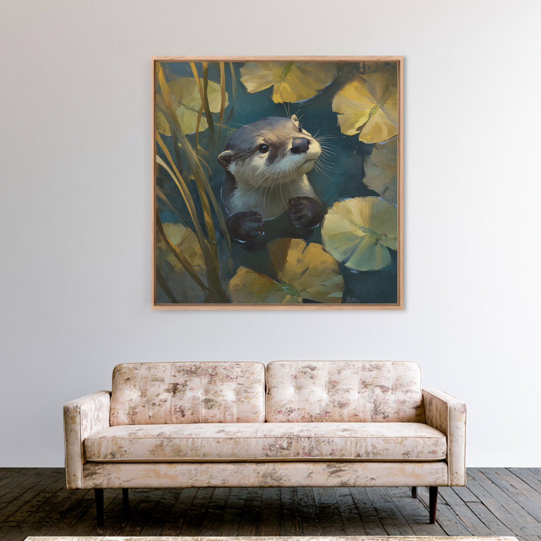 Playful Otter Floating Among Lily Pads Framed Canvas Print, Animal Art, Modern Decor, Living Room Decor, Fine Art, Creature, ANI-1x1-80
