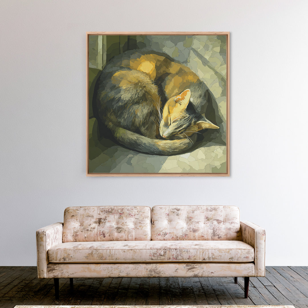 Sleeping Cat Curled Framed Canvas Print, Animal Art, Cat Art, Living Room Decor, Abstract Art, Creature, Art Print, ANI-1x1-84