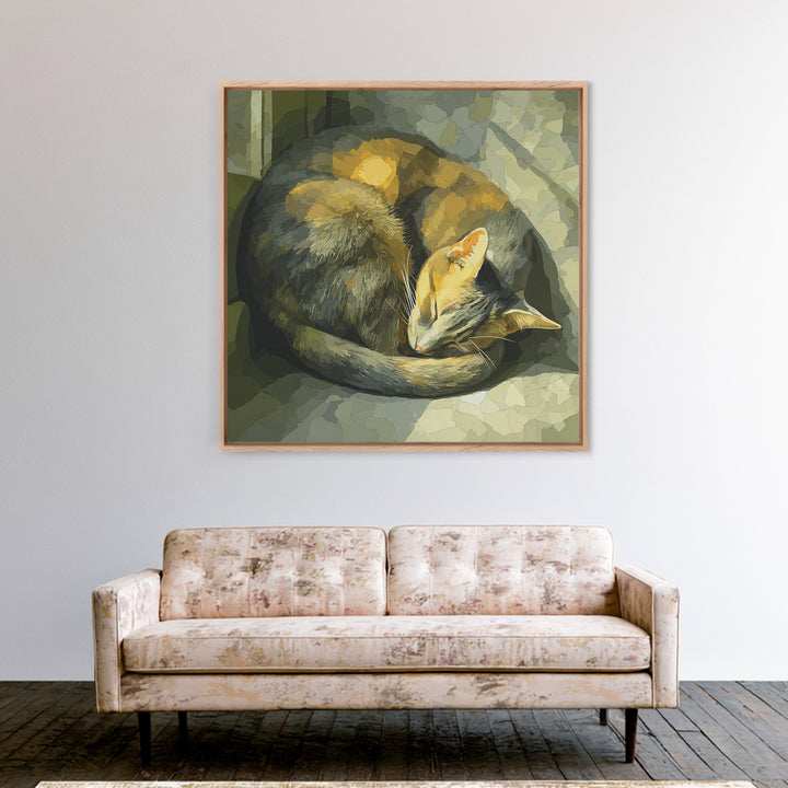 Sleeping Cat Curled Framed Canvas Print, Animal Art, Cat Art, Living Room Decor, Abstract Art, Creature, Art Print, ANI-1x1-84
