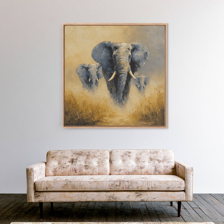 Elephant Family Walking Through Dusty Golden Light Canvas Print, Animal Art, Modern Decor, Living Room Decor, Creature, ANI-1x1-86