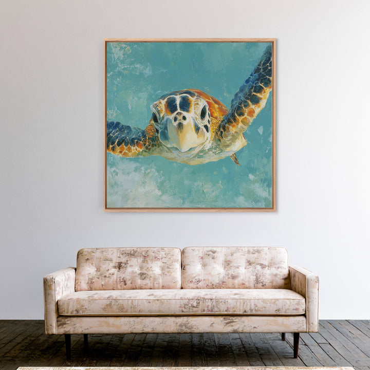 Sea Turtle Drifting Through Luminous Blue Water Canvas Print, Animal Art, Trendy Wall Art, Living Room Decor, Creature, ANI-1x1-90