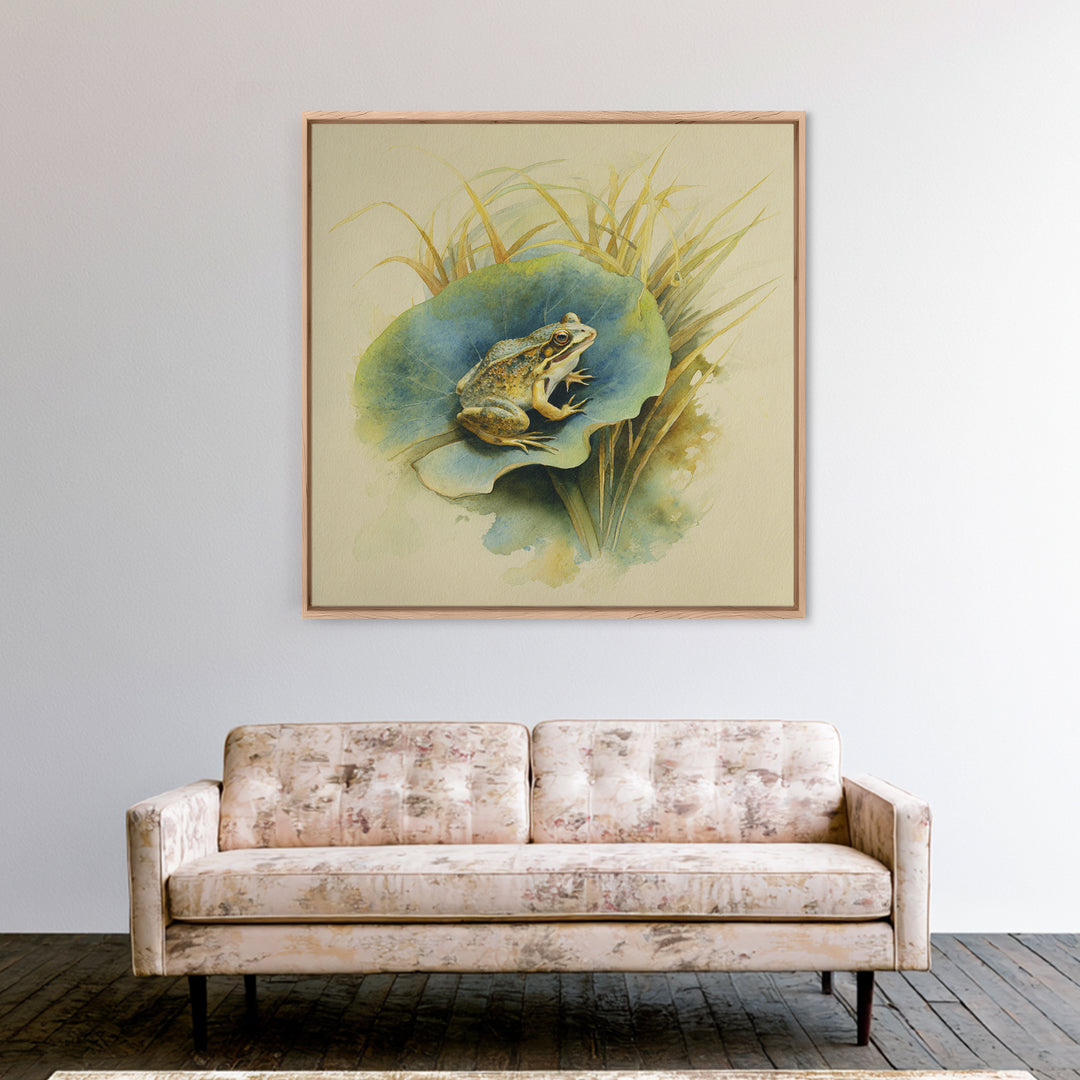 Frog on a Lotus Leaf Canvas Print, Animal Art, Trendy Wall Art, Living Room Decor, Watercolor Art, Creature, Textured Painting, ANI-1x1-92