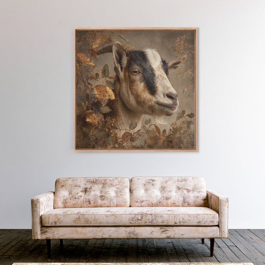 Goat Portrait with Rustic Folk Art Personality Framed Canvas Print, Animal Art, Luxury Decor, Living Room Decor, Oil Painting, ANI-1x1-93
