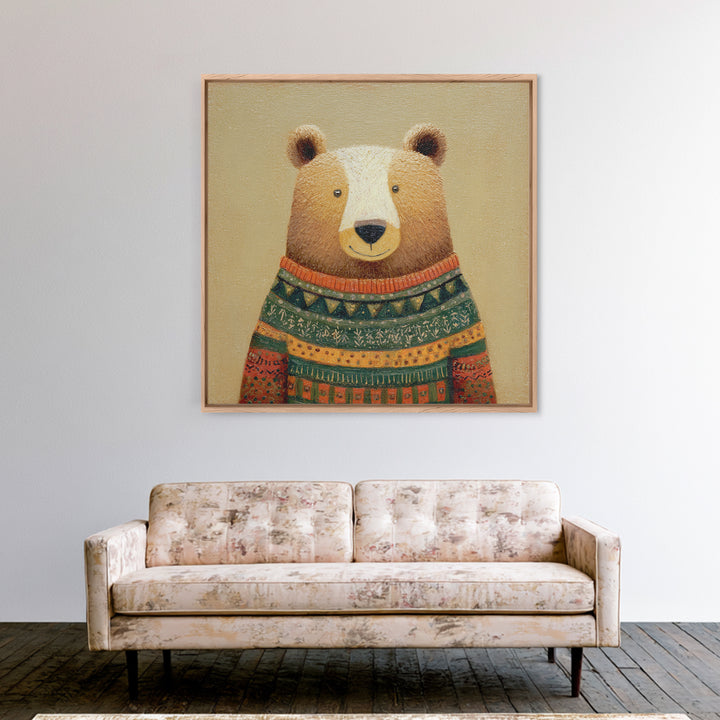 Whimsical Bear in a Patterned Sweater with Canvas Print, Animal Art, Boho Decor, Living Room Decor, Fine Art, Creature, ANI-1x1-98