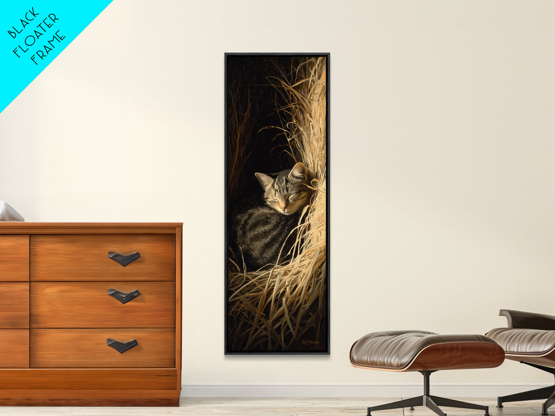 Sleeping Cat Curled Framed Canvas Print, Animal Art, Art Print, Living Room Decor, Fine Art, Creature, Digital Art, Printable, ANI-1x3-24