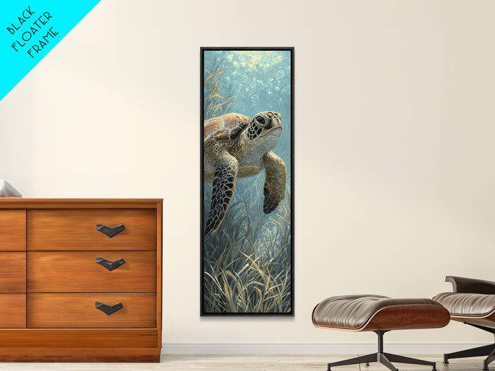 Sea Turtle Drifting Through Luminous Blue Water Canvas Print, Animal Art, Modern Wall Art, Living Room Decor, Creature, ANI-1x3-30