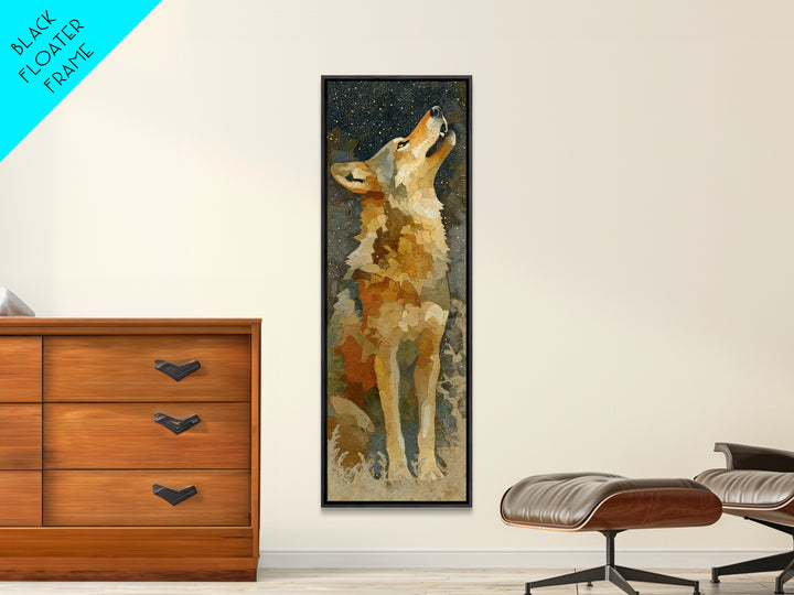 Wolf Silhouette Beneath a Star Filled Sky Framed Canvas Print, Animal Art, Nursery Art, Living Room Decor, Watercolor Art, ANI-1x3-34