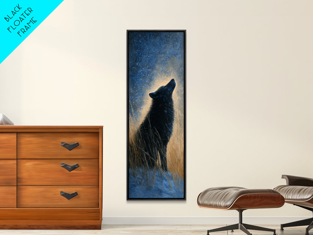 Wolf Silhouette Beneath a Star Filled Sky Framed Canvas Print, Animal Art, Nursery Art, Living Room Decor, Watercolor Art, ANI-1x3-58