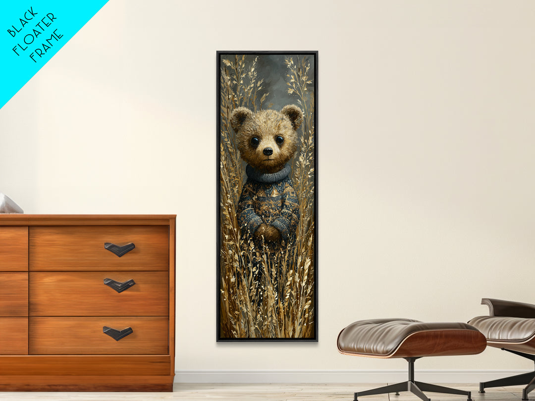 Whimsical Bear in a Patterned Sweater with Framed Canvas Print, Animal Art, Neutral Decor, Living Room Decor, Creature, ANI-1x3-62