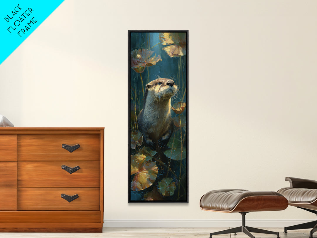 Playful Otter Floating Among Lily Pads Canvas Print, Animal Art, Oil Painting, Living Room Decor, Fine Art, Creature, ANI-1x3-68