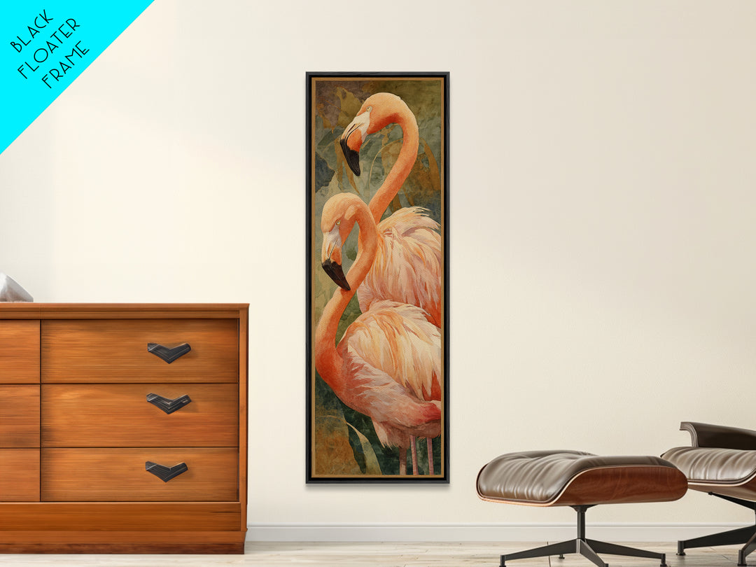 Flamingo Pair in Elegant Coral and Cream Framed Canvas Print, Animal Art, Digital Print, Living Room Decor, Fine Art, Creature, ANI-1x3-79