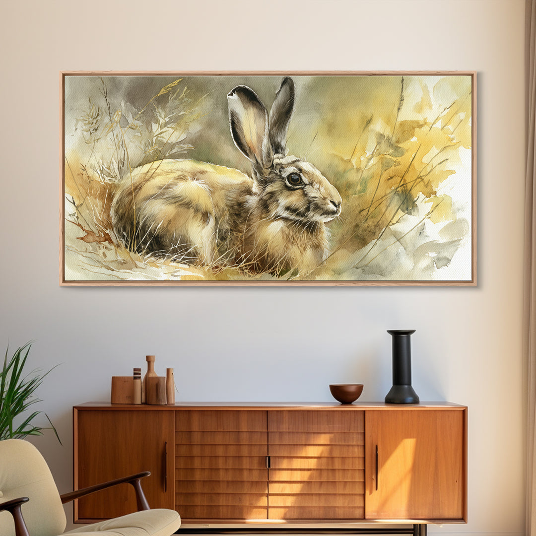 Curious Rabbit in a Soft Watercolor Meadow Framed Canvas Print, Animal Art, Living Room Decor, Oil Painting, Creature, ANI-2x1-1