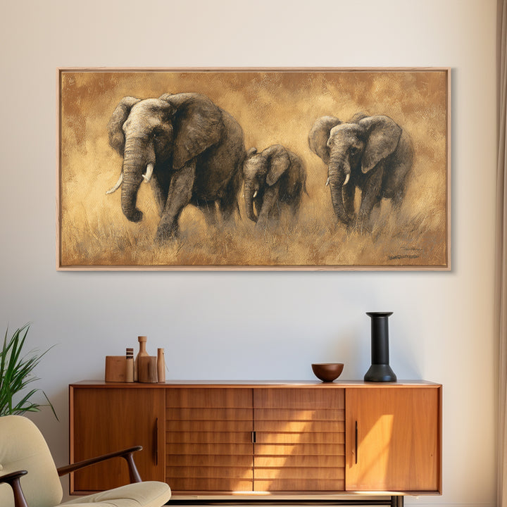 Elephant Family Walking Through Dusty Golden Light Framed Canvas Print, Animal Art, Art Print, Living Room Decor, Creature, ANI-2x1-10