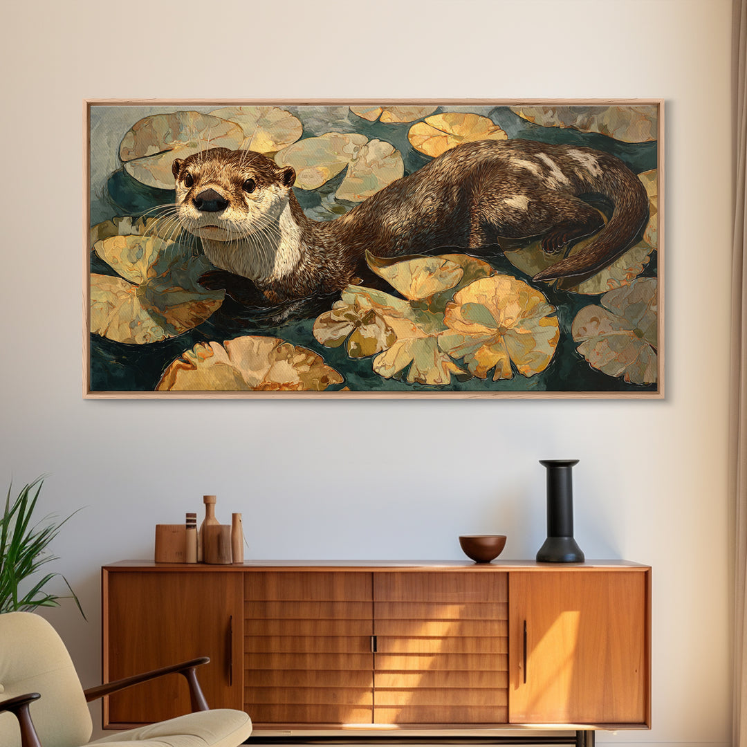 Playful Otter Floating Among Lily Pads Framed Canvas Print, Animal Art, Living Room Decor, Fine Art, Creature, Fine Art Print, ANI-2x1-100
