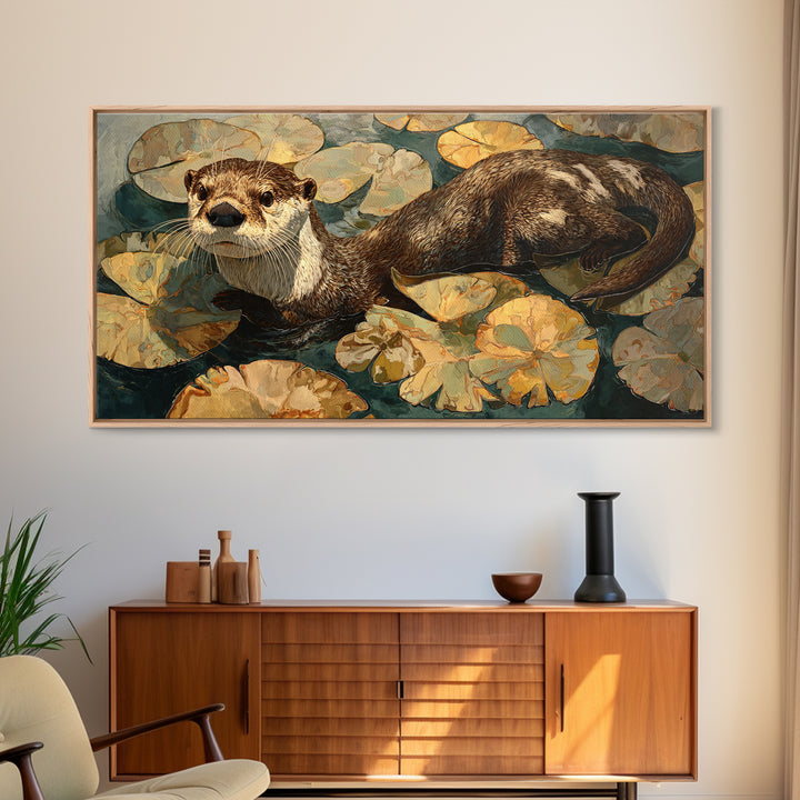 Playful Otter Floating Among Lily Pads Framed Canvas Print, Animal Art, Living Room Decor, Fine Art, Creature, Fine Art Print, ANI-2x1-100