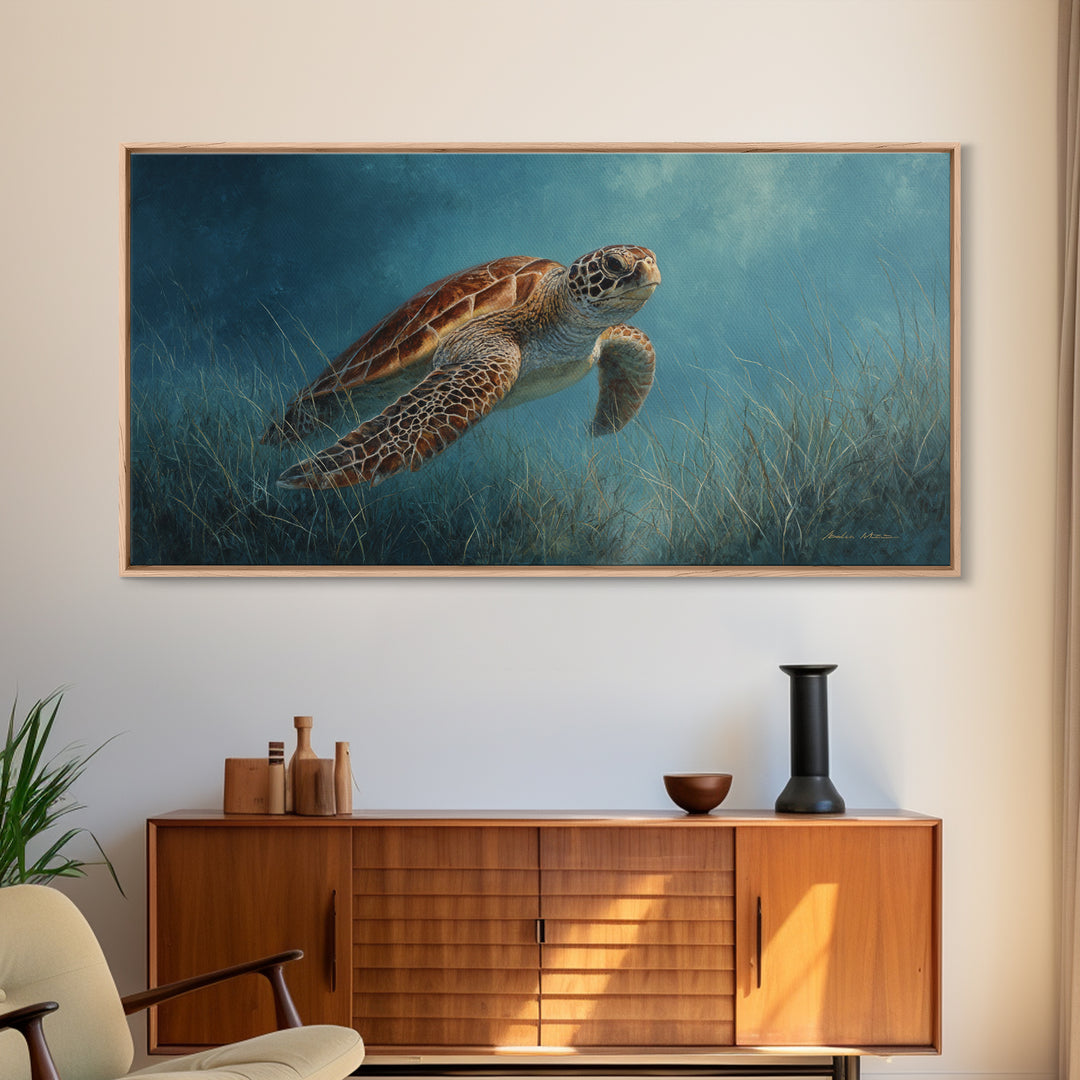 Sea Turtle Drifting Through Luminous Blue Water Canvas Print, Animal Art, Fine Art Print, Living Room Decor, Creature, ANI-2x1-14