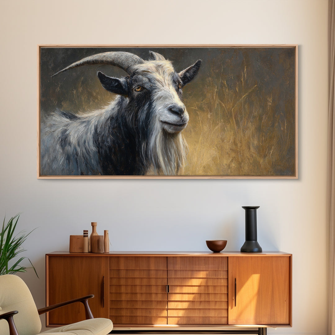 Goat Portrait with Rustic Folk Art Personality Canvas Print, Animal Art, Contemporary Art, Living Room Decor, Creature, ANI-2x1-17