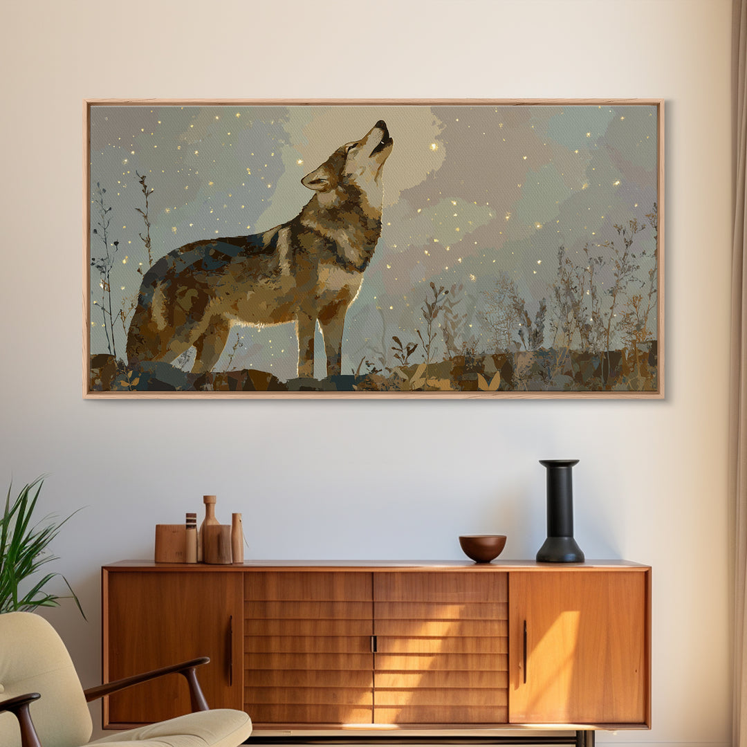 Wolf Silhouette Beneath a Star Filled Sky Framed Canvas Print, Animal Art, Statement Artwork, Living Room Decor, Creature, ANI-2x1-18