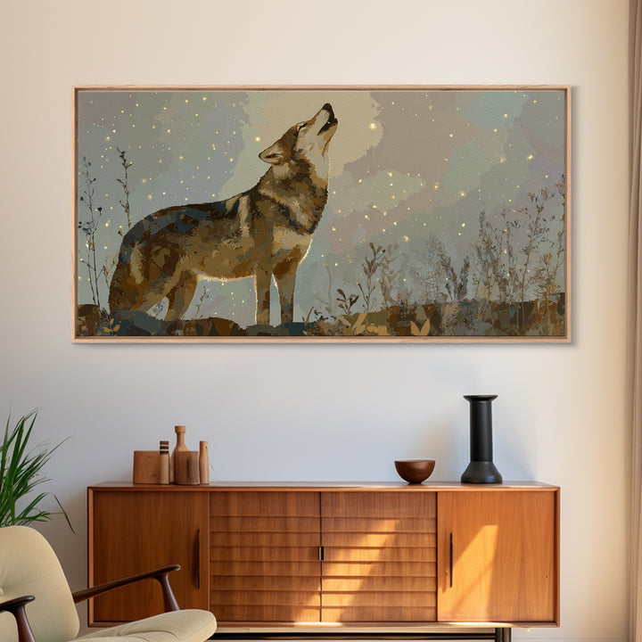 Wolf Silhouette Beneath a Star Filled Sky Framed Canvas Print, Animal Art, Statement Artwork, Living Room Decor, Creature, ANI-2x1-18