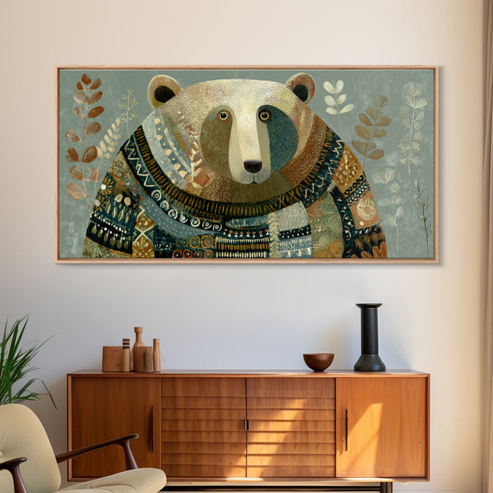 Whimsical Bear in a Patterned Sweater with Canvas Print, Animal Art, Boho Decor, Living Room Decor, Fine Art, Creature, ANI-2x1-22