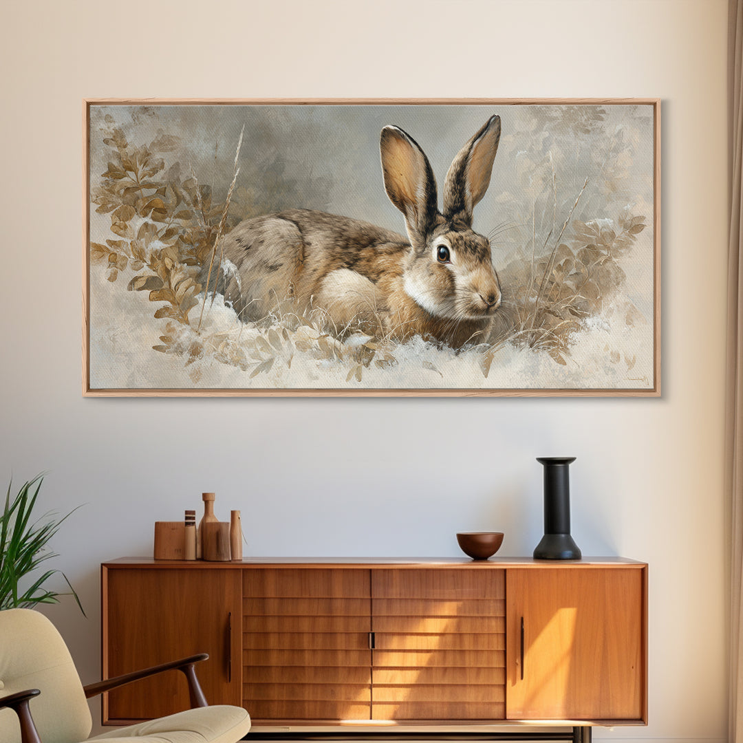 Curious Rabbit in a Soft Watercolor Meadow Framed Canvas Print, Animal Art, Living Room Decor, Oil Painting, Creature, ANI-2x1-25