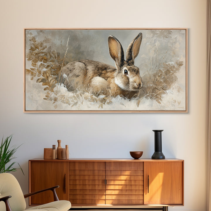 Curious Rabbit in a Soft Watercolor Meadow Framed Canvas Print, Animal Art, Living Room Decor, Oil Painting, Creature, ANI-2x1-25