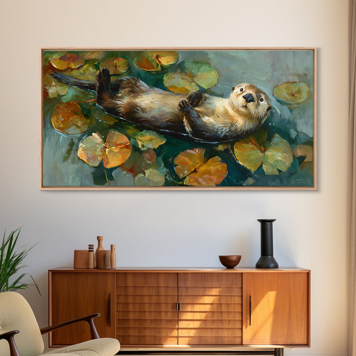 Playful Otter Floating Among Lily Pads Framed Canvas Print, Animal Art, Minimalist Decor, Living Room Decor, Fine Art, Creature, ANI-2x1-28