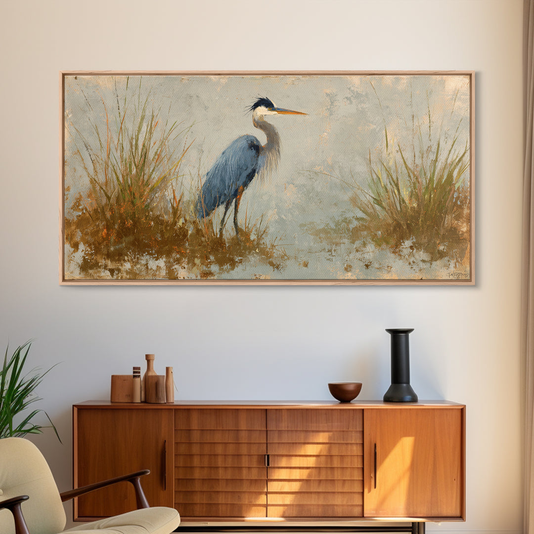 Blue Heron Standing Canvas Print, Animal Art, Printable, Living Room Decor, Fine Art, Creature, Nursery, Boho Wall Art, ANI-2x1-31