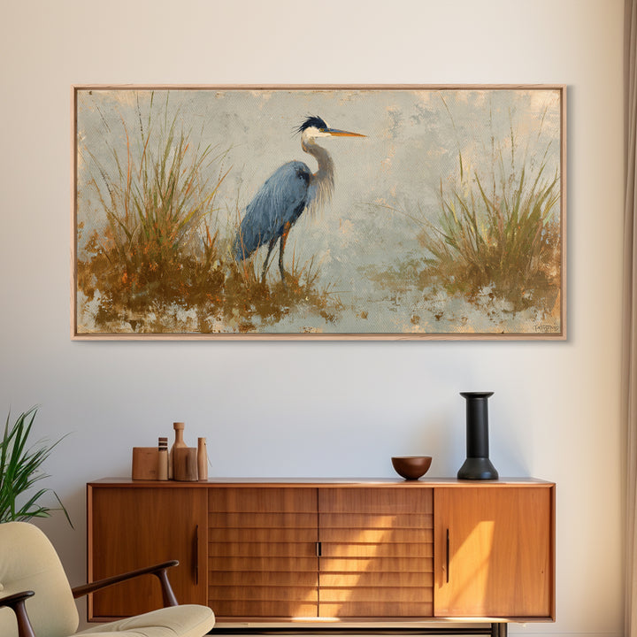 Blue Heron Standing Canvas Print, Animal Art, Printable, Living Room Decor, Fine Art, Creature, Nursery, Boho Wall Art, ANI-2x1-31